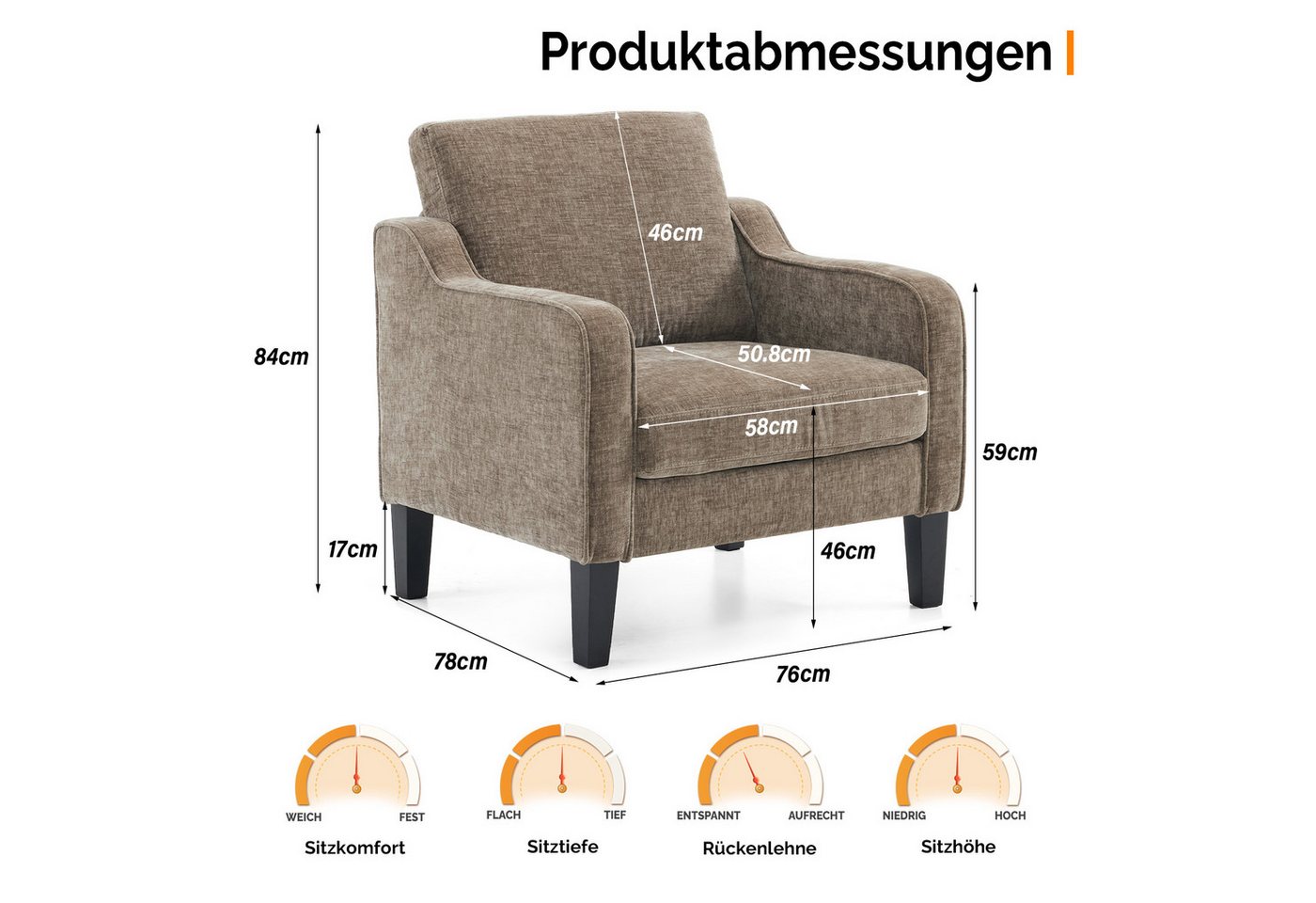 VINGLI Sessel Chenille, Einzelsessel mit Holzbeinen, Polstersessel 76x78 x84cm, Lesesessel mit Armlehnen für Wohnzimmer, Schlafzimmer & Büro – Bild 2 von 5
