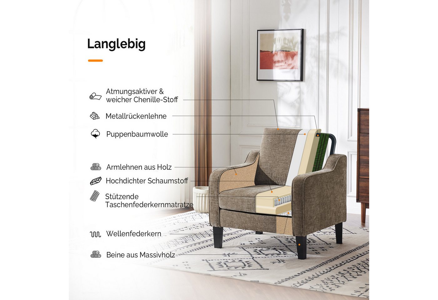 VINGLI Sessel Chenille, Einzelsessel mit Holzbeinen, Polstersessel 76x78 x84cm, Lesesessel mit Armlehnen für Wohnzimmer, Schlafzimmer & Büro – Bild 3 von 5
