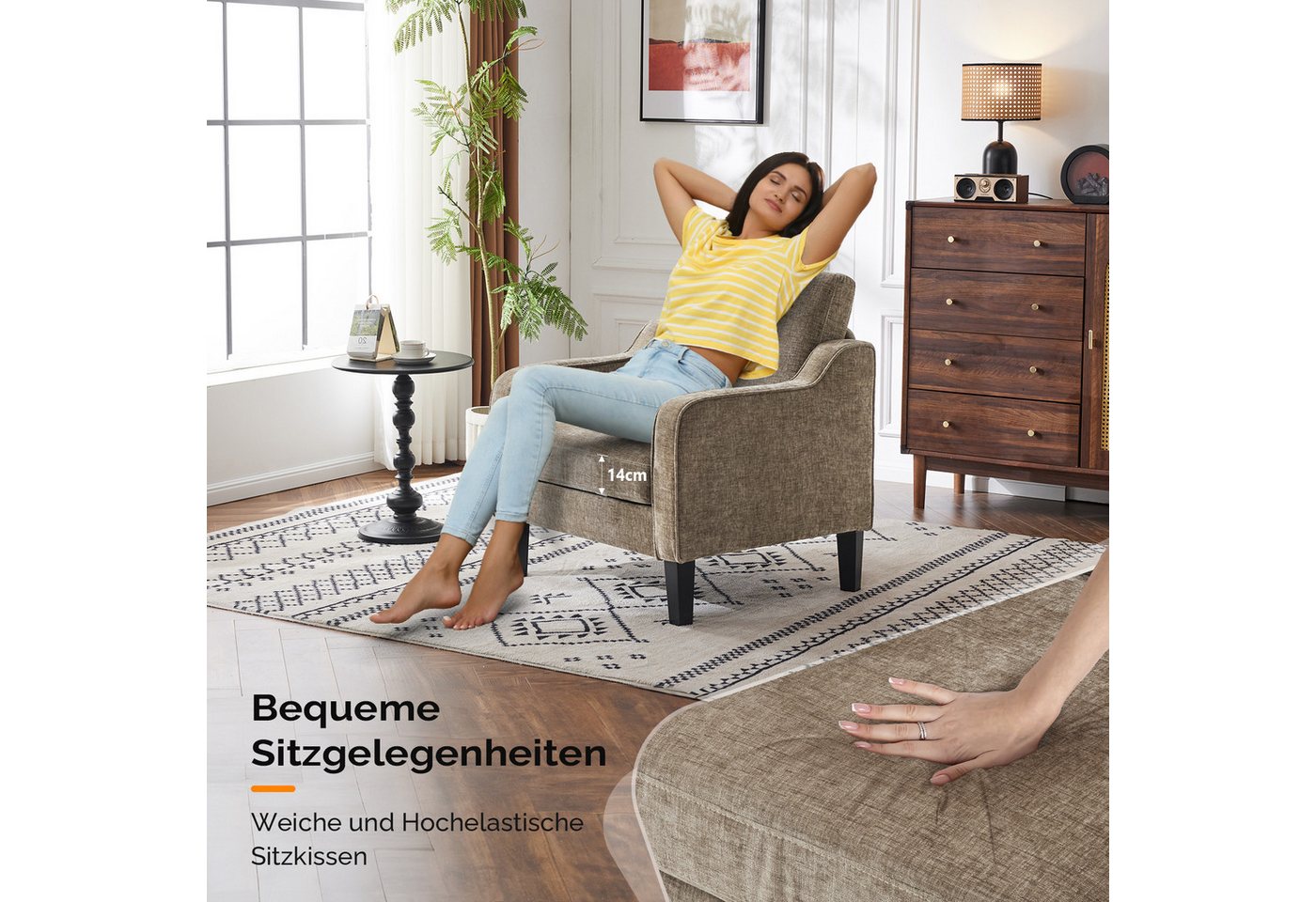 VINGLI Sessel Chenille, Einzelsessel mit Holzbeinen, Polstersessel 76x78 x84cm, Lesesessel mit Armlehnen für Wohnzimmer, Schlafzimmer & Büro – Bild 4 von 5