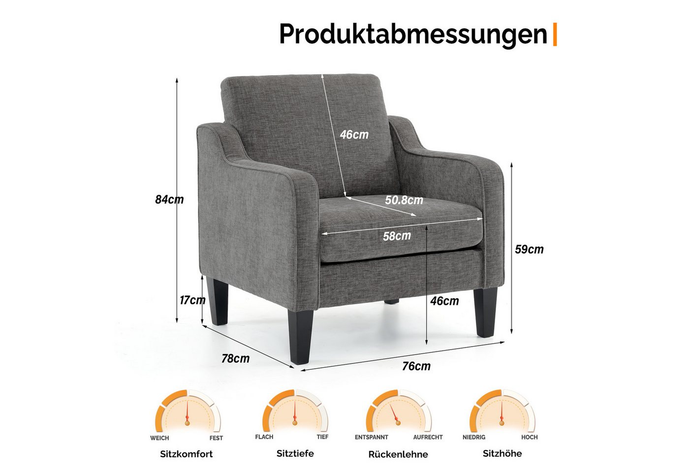 VINGLI Sessel Chenille, Einzelsessel mit Holzbeinen, Polstersessel 76x78 x84cm, Lesesessel mit Armlehnen für Wohnzimmer, Schlafzimmer & Büro – Bild 2 von 5