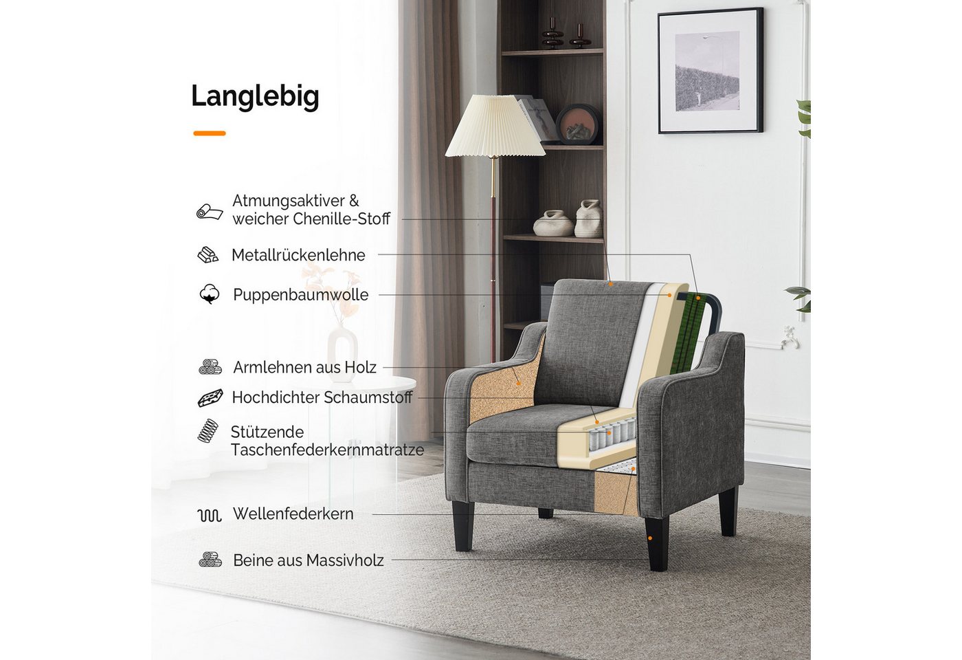 VINGLI Sessel Chenille, Einzelsessel mit Holzbeinen, Polstersessel 76x78 x84cm, Lesesessel mit Armlehnen für Wohnzimmer, Schlafzimmer & Büro – Bild 3 von 5