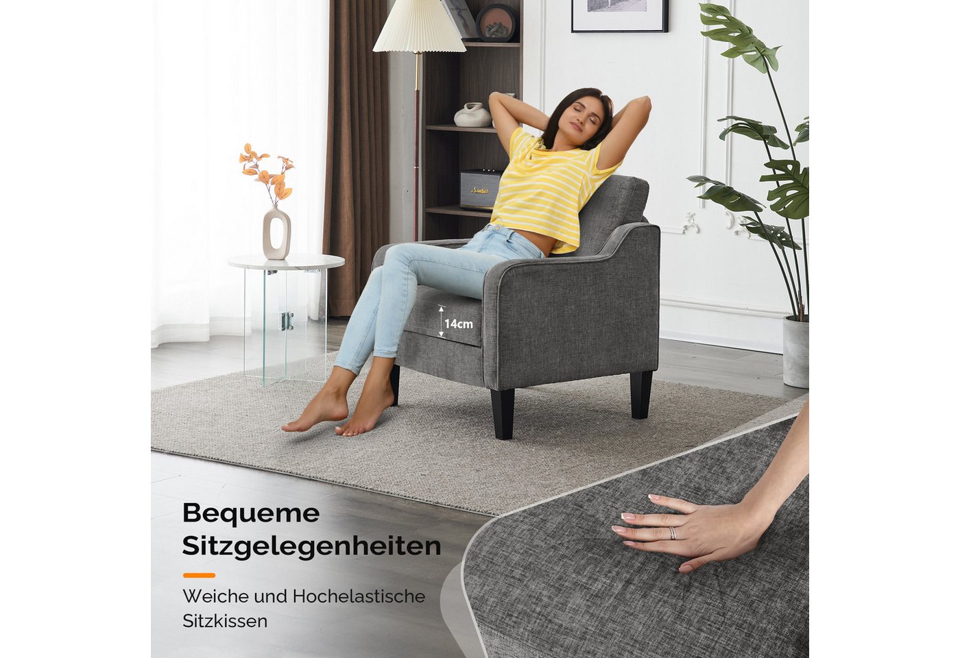 VINGLI Sessel Chenille, Einzelsessel mit Holzbeinen, Polstersessel 76x78 x84cm, Lesesessel mit Armlehnen für Wohnzimmer, Schlafzimmer & Büro – Bild 5 von 5
