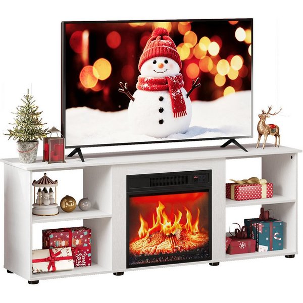 VINGLI TV-Schrank mit Kamin, Lowboard 6 LED-Flammenfarben Weiß/rustikales Braun/rustikales Grau