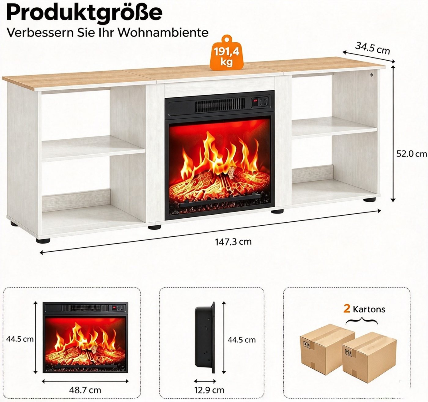 VINGLI TV-Schrank mit Kamin, Lowboard 6 LED-Flammenfarben Weiß/rustikales Braun/rustikales Grau – Bild 2 von 5