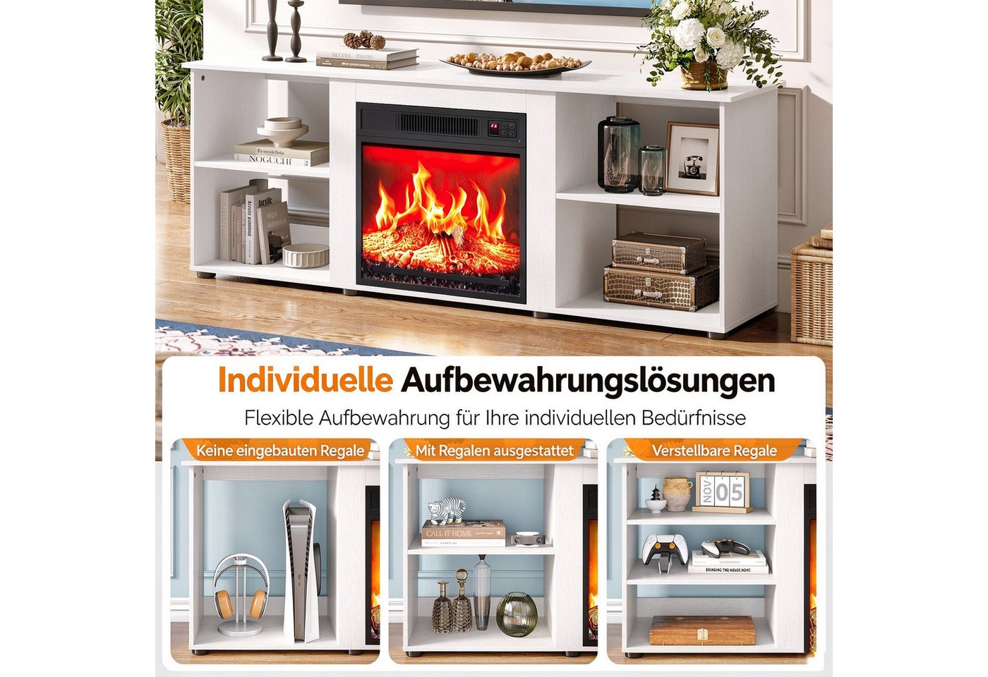 VINGLI TV-Schrank mit Kamin, Lowboard 6 LED-Flammenfarben Weiß/rustikales Braun/rustikales Grau – Bild 4 von 5