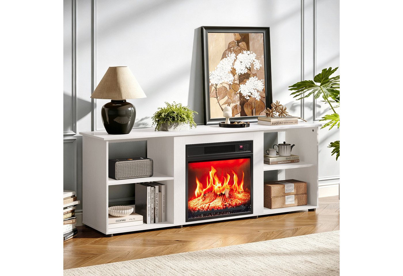 VINGLI TV-Schrank mit Kamin, Lowboard 6 LED-Flammenfarben Weiß/rustikales Braun/rustikales Grau – Bild 5 von 5