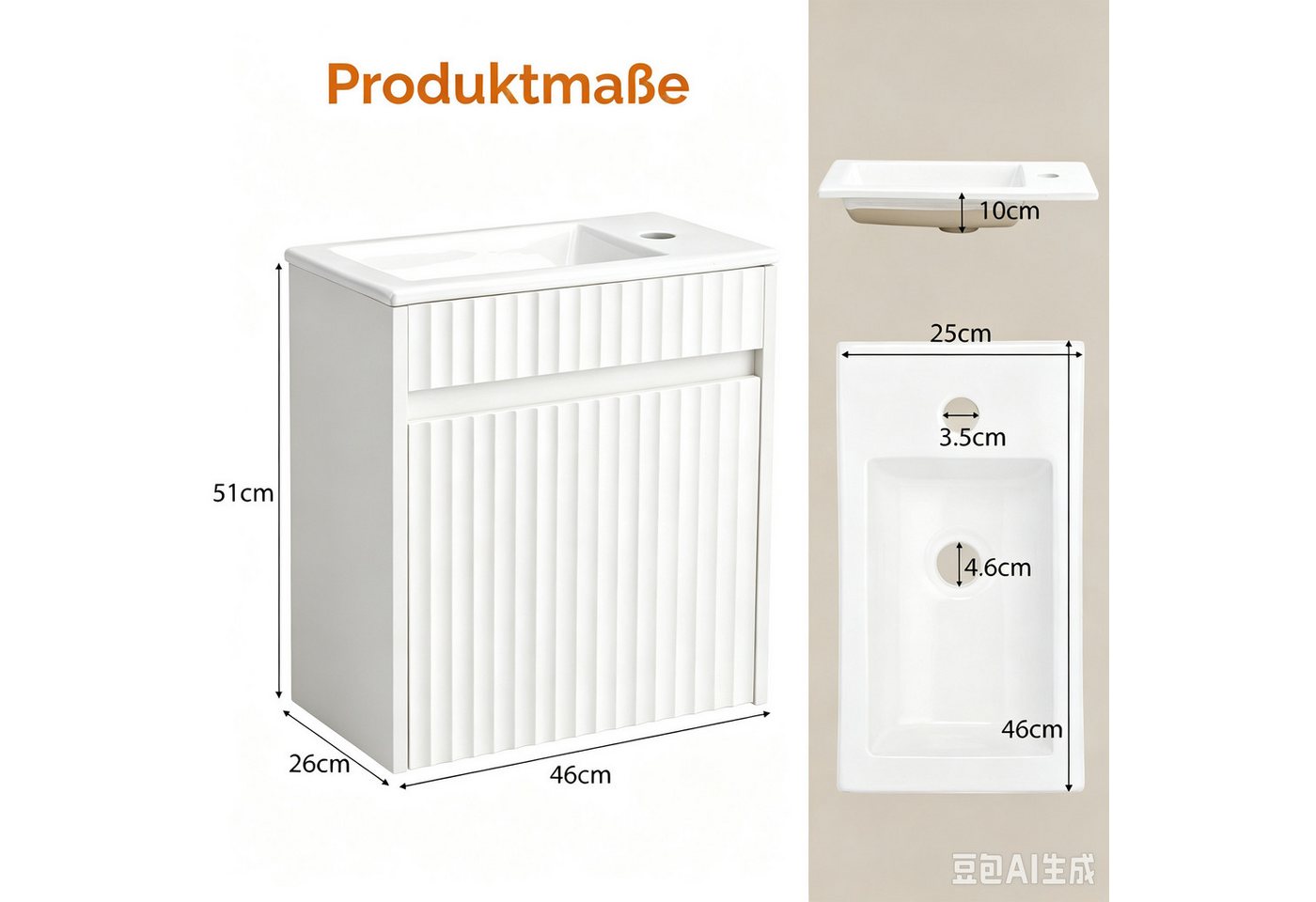 VINGLI Waschtisch mit Waschbecken, Waschbecken mit Unterschrank, Badmöbel Set, Hängend Wasserdicht 46 x 26 x 51cm Nussbaumfarbe – Bild 4 von 5