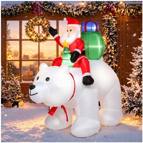 VINGLI Weihnachtsfigur Wetterfest, Weihnachtsdeko Aufblasbar für Innen & Außen, 180 cm Aufblasbarer Weihnachtsmann auf Eisbär – 7 LEDs