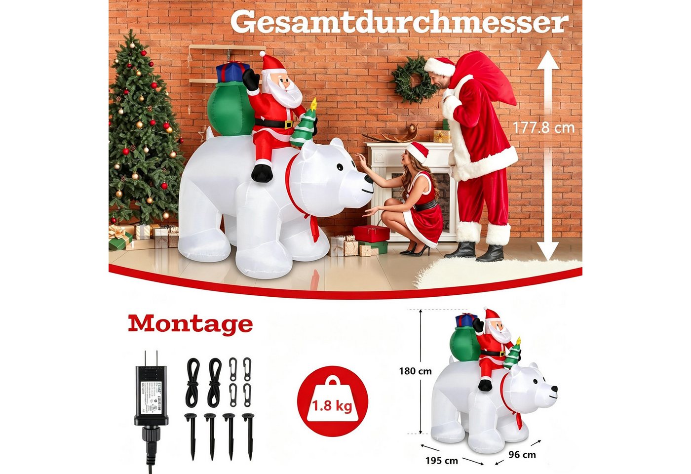 VINGLI Weihnachtsfigur Wetterfest, Weihnachtsdeko Aufblasbar für Innen & Außen, 180 cm Aufblasbarer Weihnachtsmann auf Eisbär – 7 LEDs – Bild 2 von 5
