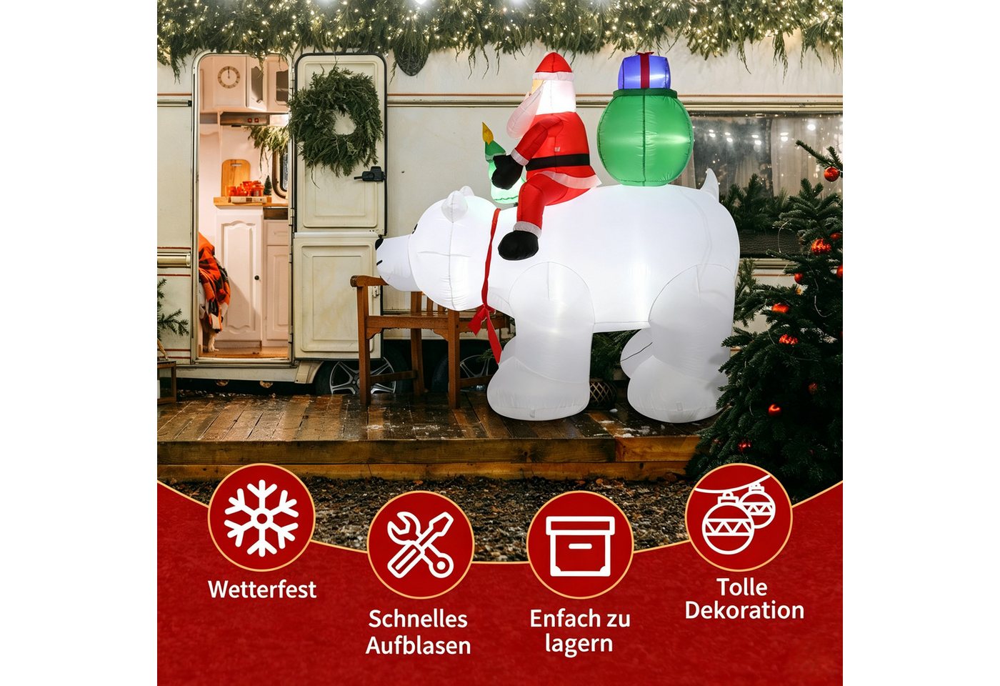 VINGLI Weihnachtsfigur Wetterfest, Weihnachtsdeko Aufblasbar für Innen & Außen, 180 cm Aufblasbarer Weihnachtsmann auf Eisbär – 7 LEDs – Bild 3 von 5