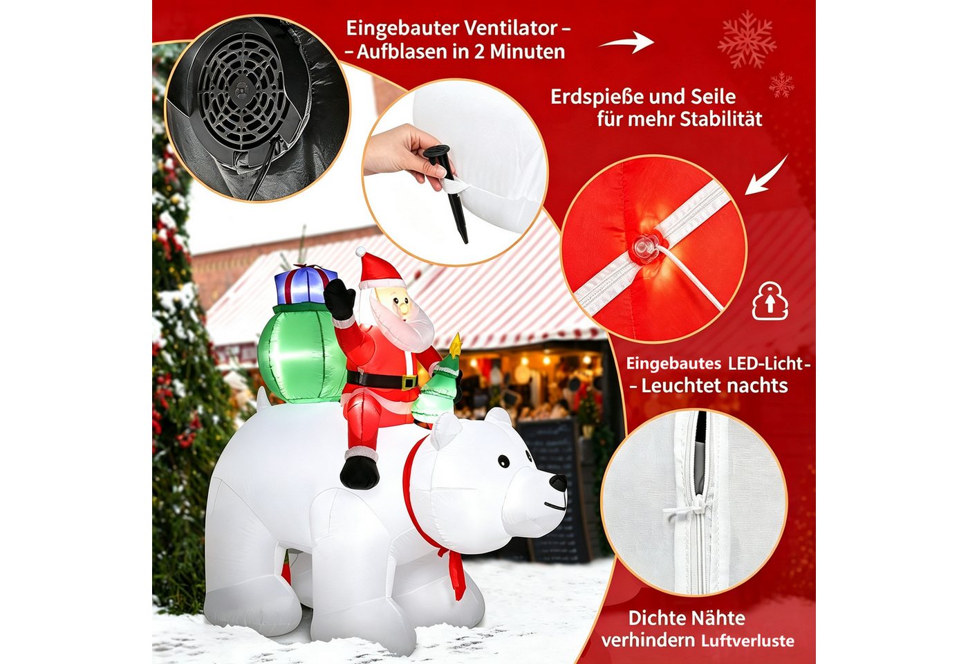 VINGLI Weihnachtsfigur Wetterfest, Weihnachtsdeko Aufblasbar für Innen & Außen, 180 cm Aufblasbarer Weihnachtsmann auf Eisbär – 7 LEDs – Bild 4 von 5