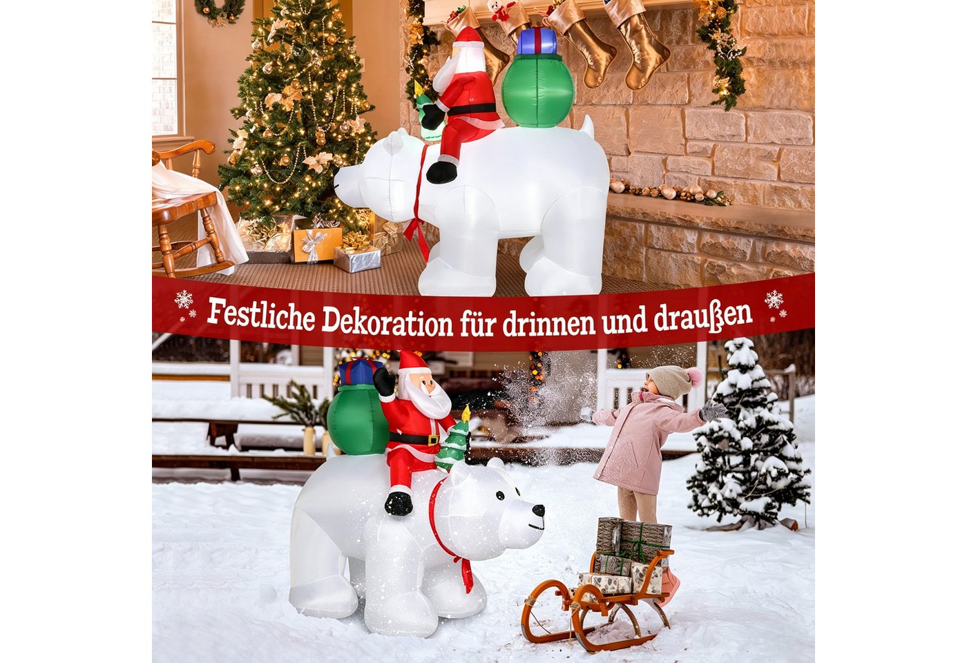 VINGLI Weihnachtsfigur Wetterfest, Weihnachtsdeko Aufblasbar für Innen & Außen, 180 cm Aufblasbarer Weihnachtsmann auf Eisbär – 7 LEDs – Bild 5 von 5
