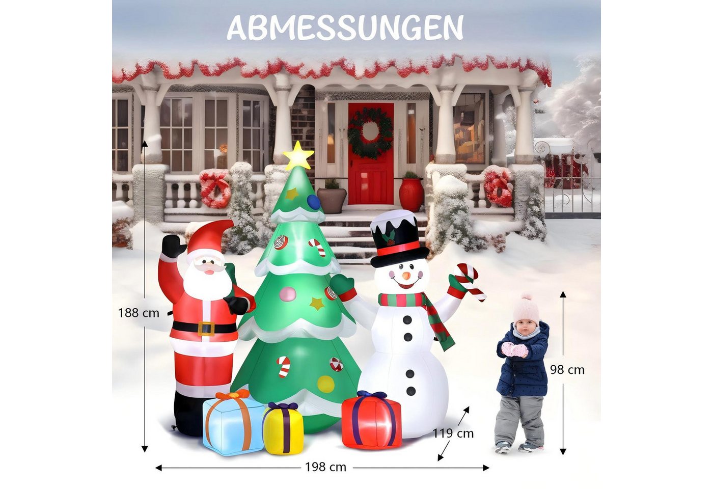 VINGLI Weihnachtsfigur Wetterfest, Weihnachtsdeko Aufblasbar für Innen & Außen, 188 cm Weihnachtsfiguren-Set: Schneemann, Weihnachtsmann & Baum – Bild 2 von 5