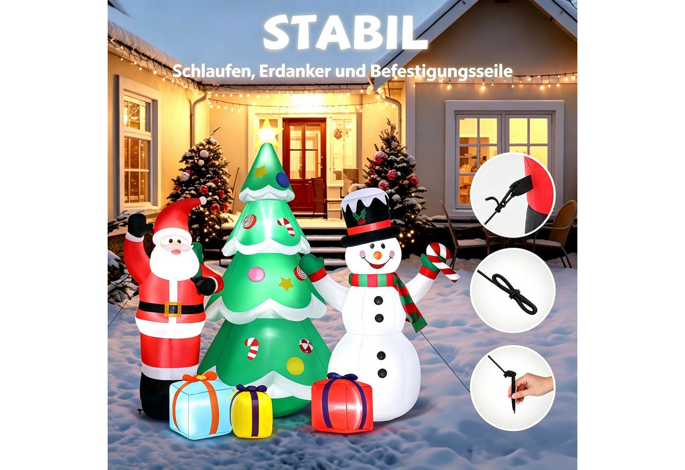 VINGLI Weihnachtsfigur Wetterfest, Weihnachtsdeko Aufblasbar für Innen & Außen, 188 cm Weihnachtsfiguren-Set: Schneemann, Weihnachtsmann & Baum – Bild 3 von 5