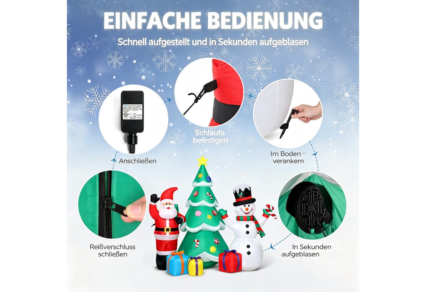 VINGLI Weihnachtsfigur Wetterfest, Weihnachtsdeko Aufblasbar für Innen & Außen, 188 cm Weihnachtsfiguren-Set: Schneemann, Weihnachtsmann & Baum – Bild 4 von 5