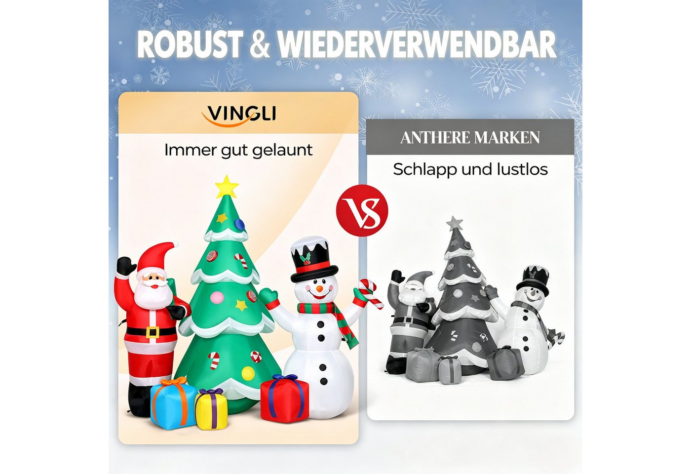 VINGLI Weihnachtsfigur Wetterfest, Weihnachtsdeko Aufblasbar für Innen & Außen, 188 cm Weihnachtsfiguren-Set: Schneemann, Weihnachtsmann & Baum – Bild 5 von 5