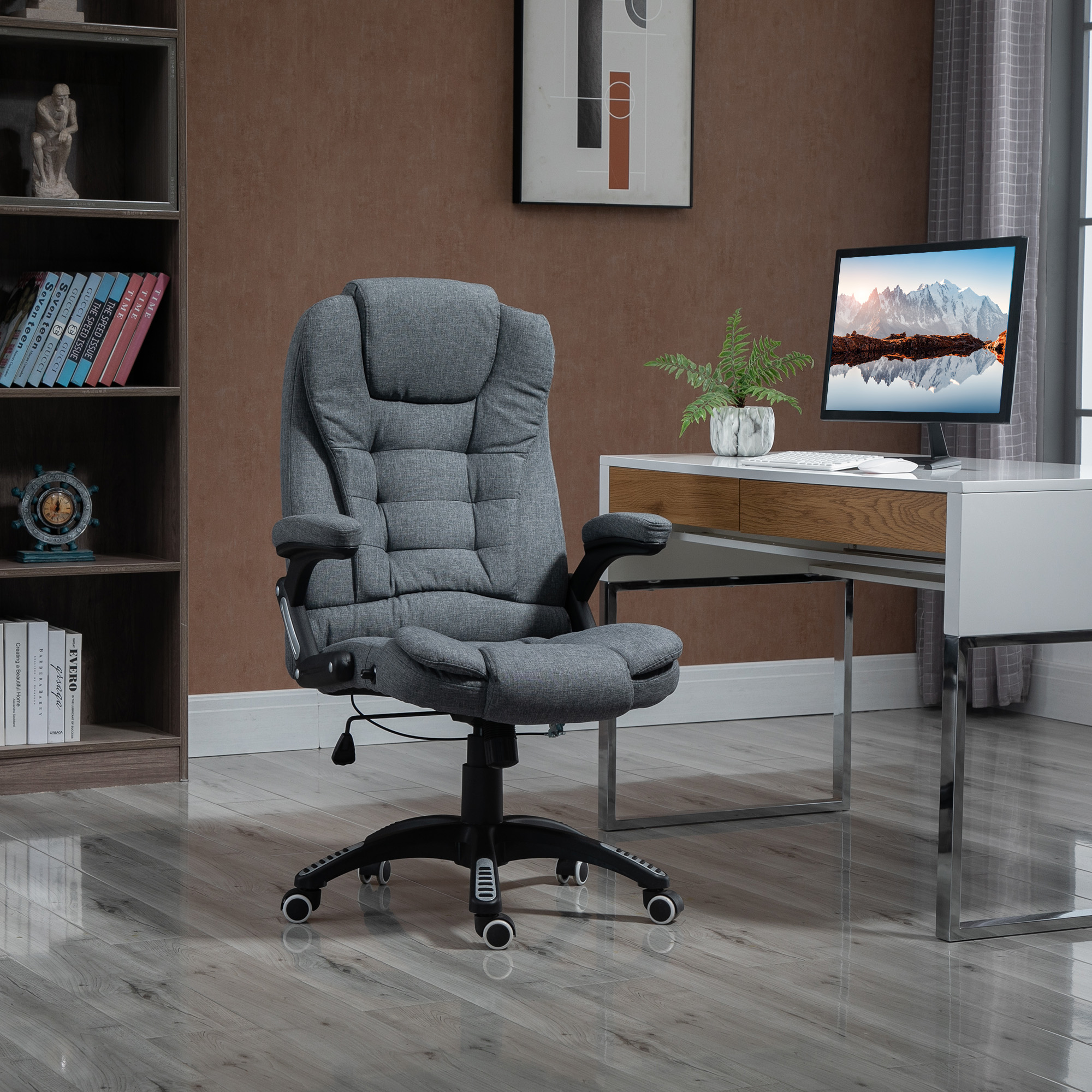 Vinsetto Bürodrehstuhl, ergonomischer Bürodrehstuhl mit verstellbarer Höhe, gepolsterten Armlehnen, neigbarer Rückenlehne, 360° drehbarer Sitzfläche, Grau Aosom – Bild 2 von 2