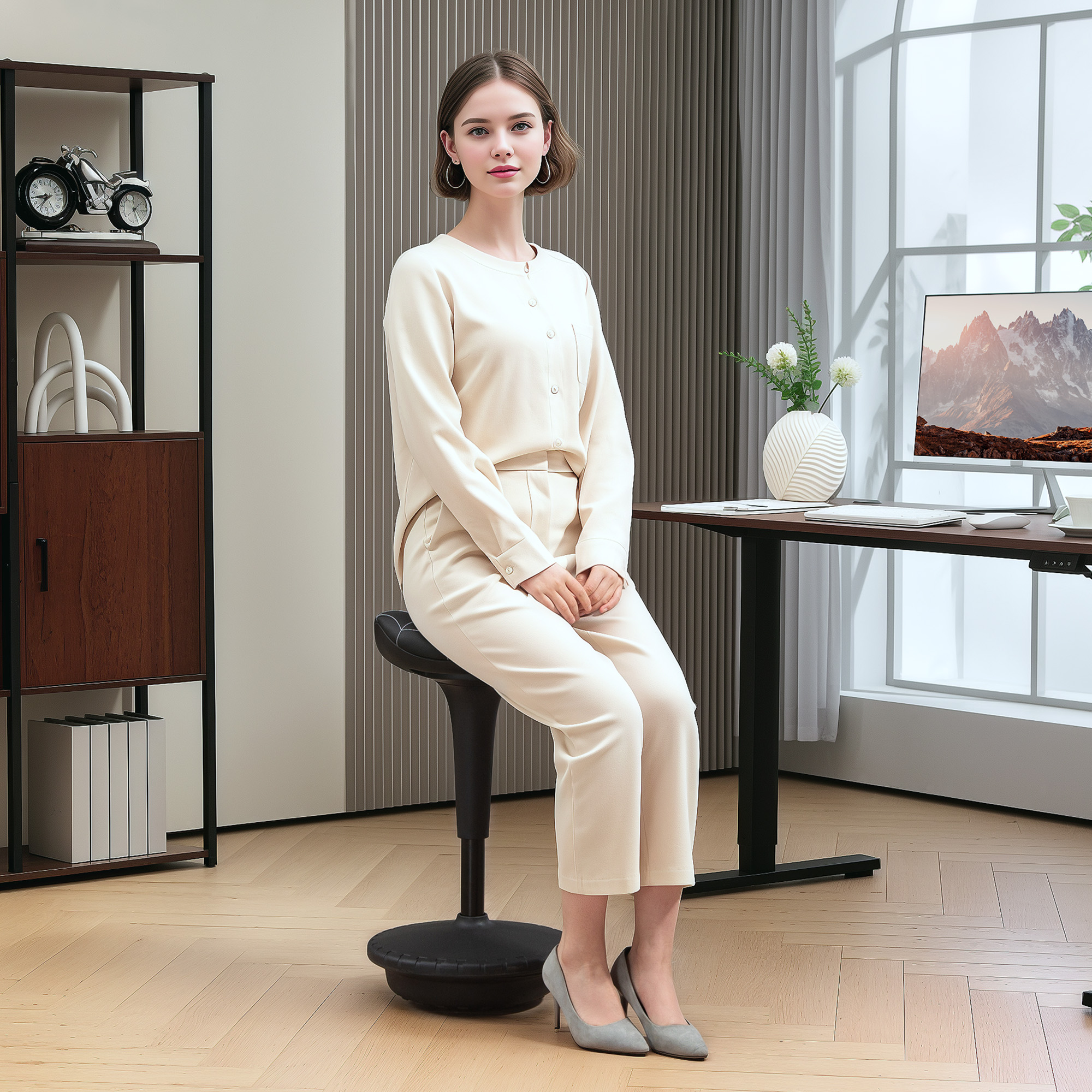 Vinsetto Bürohocker mit Schwenkfunktion, ergonomischer Hocker, höhenverstellbar 65,5-83,5 cm Arbeitshocker Sitzhocker groß Sockel, 120° neigbar Stehhocker, Anti – Bild 2 von 2