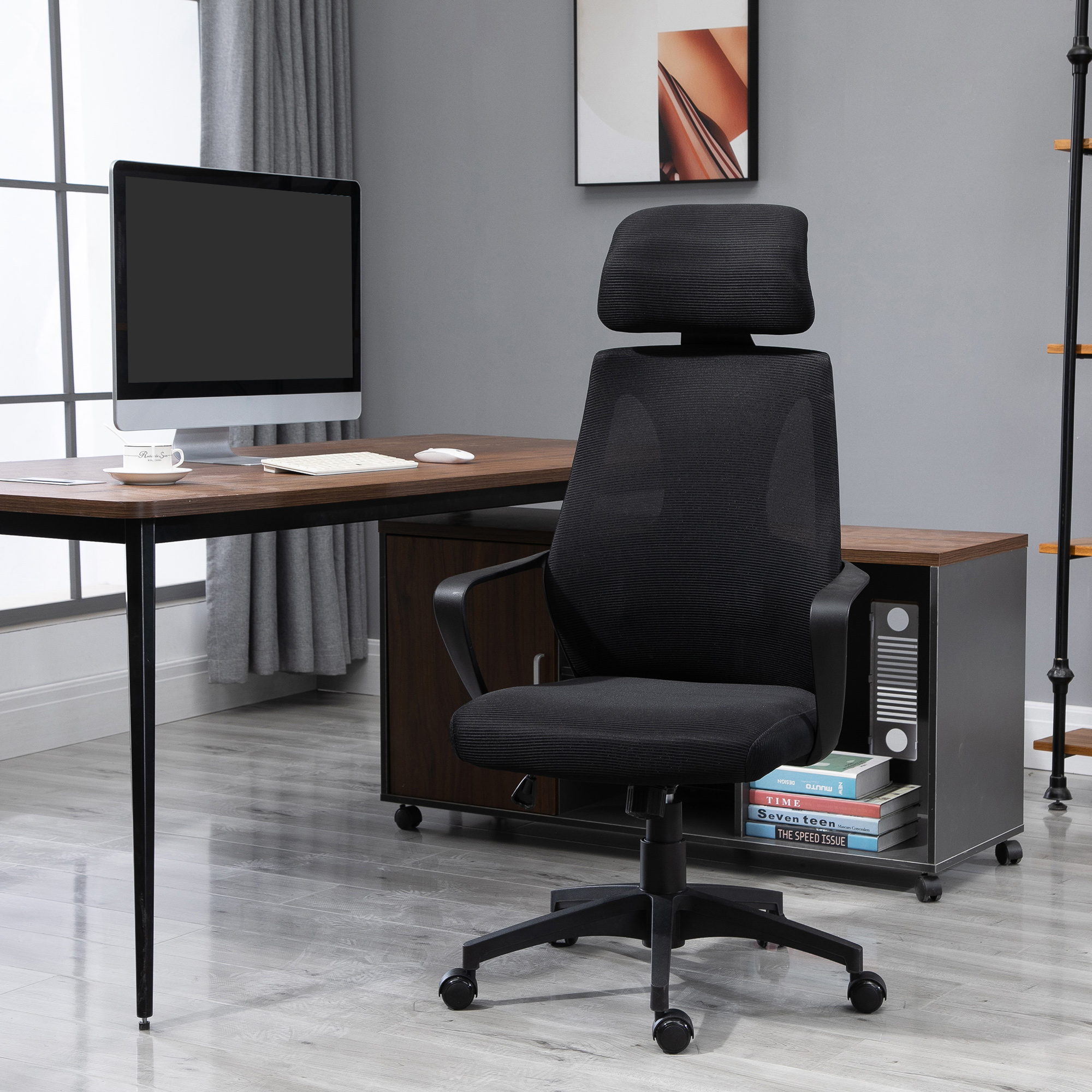 Vinsetto Bürostuhl, Höhenverstellbarer Schreibtischstuhl mit Wippfunktion Drehstuhl mit Armlehne, Kopfstütze, Lendenstütze Bürostuhl mit Netzstoff-Optik, Schwar – Bild 2 von 2