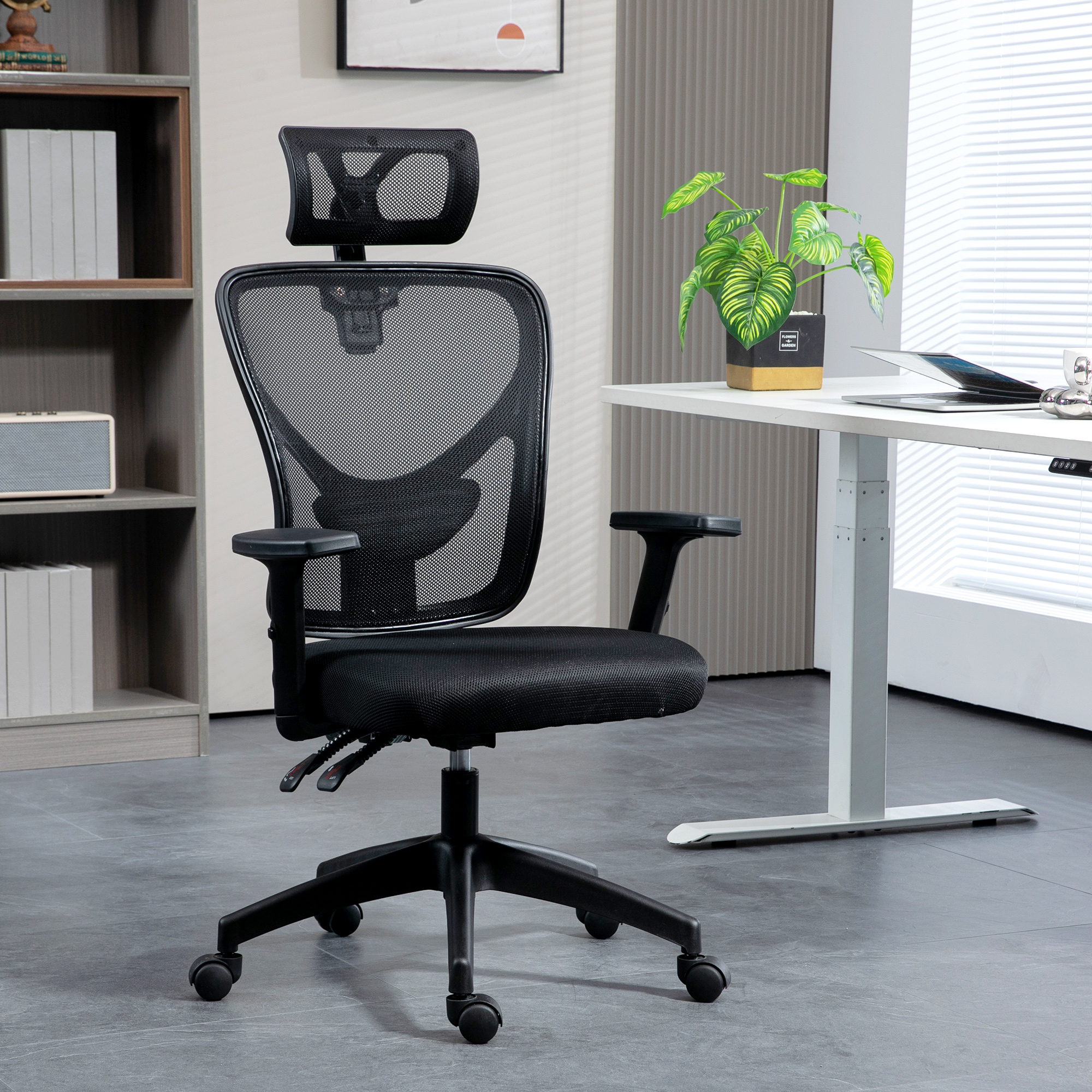 Vinsetto Bürostuhl, Bürostuhl, verstellbare Kopfstütze und Armlehnen, neigbare ergonomische Rückenlehne, höhenverstellbarer Sitz, drehbar, atmungsaktives Mesh-G – Bild 2 von 2