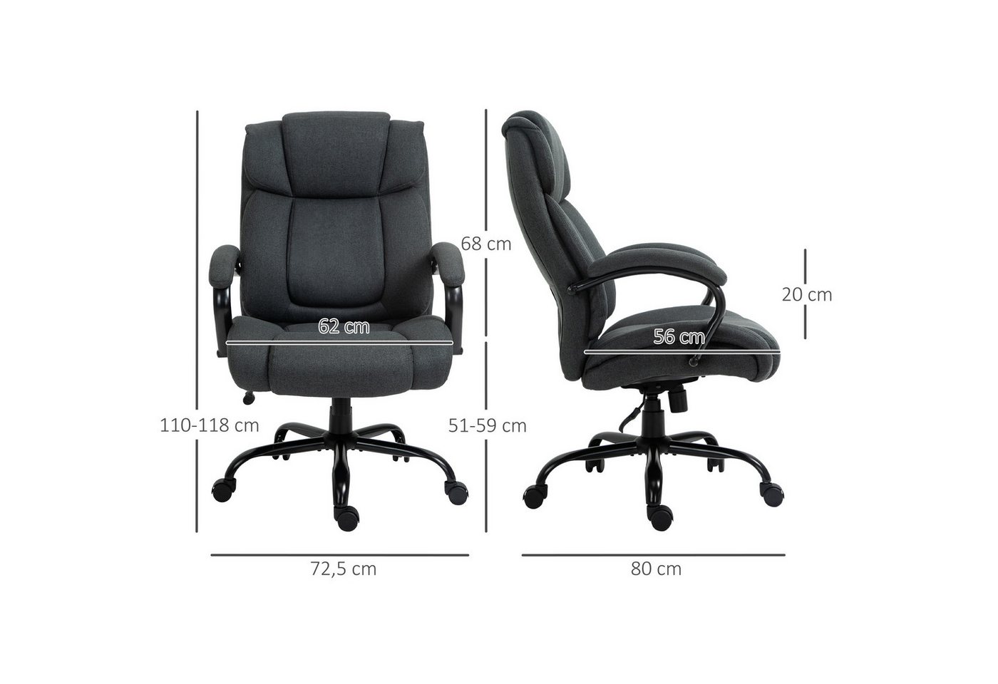 Vinsetto Bürostuhl Chefsessel, Gepolsterter Schreibtischstuhl, breit Sitz (Höhenverstellbarer Drehstuhl, 1 St), mit Wippfunktion, Leinenoptik, bis 220 kg belast – Bild 3 von 5