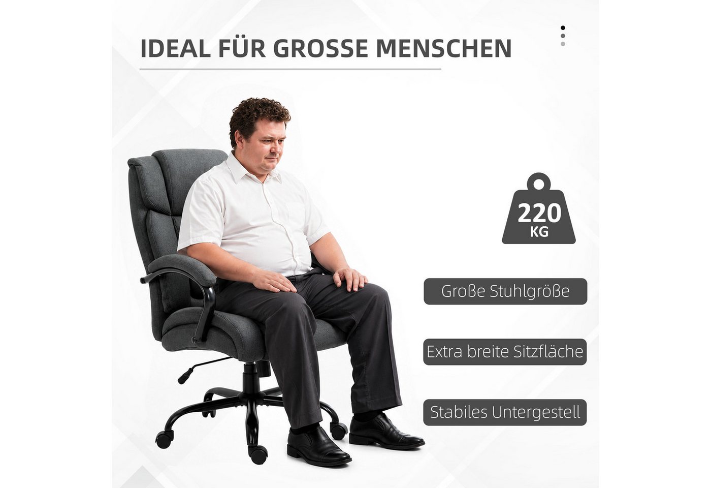 Vinsetto Bürostuhl Chefsessel, Gepolsterter Schreibtischstuhl, breit Sitz (Höhenverstellbarer Drehstuhl, 1 St), mit Wippfunktion, Leinenoptik, bis 220 kg belast – Bild 4 von 5