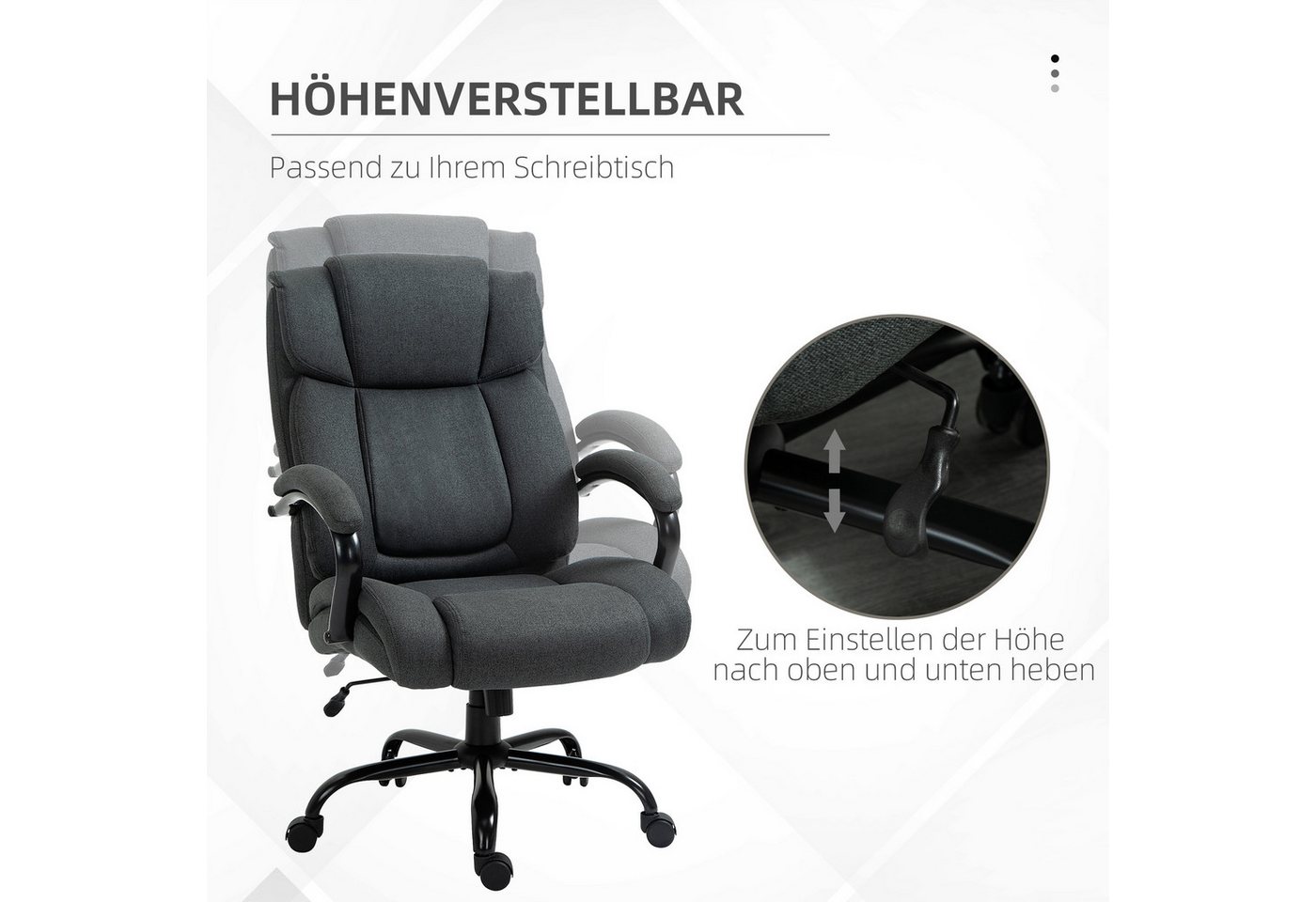 Vinsetto Bürostuhl Chefsessel, Gepolsterter Schreibtischstuhl, breit Sitz (Höhenverstellbarer Drehstuhl, 1 St), mit Wippfunktion, Leinenoptik, bis 220 kg belast – Bild 5 von 5