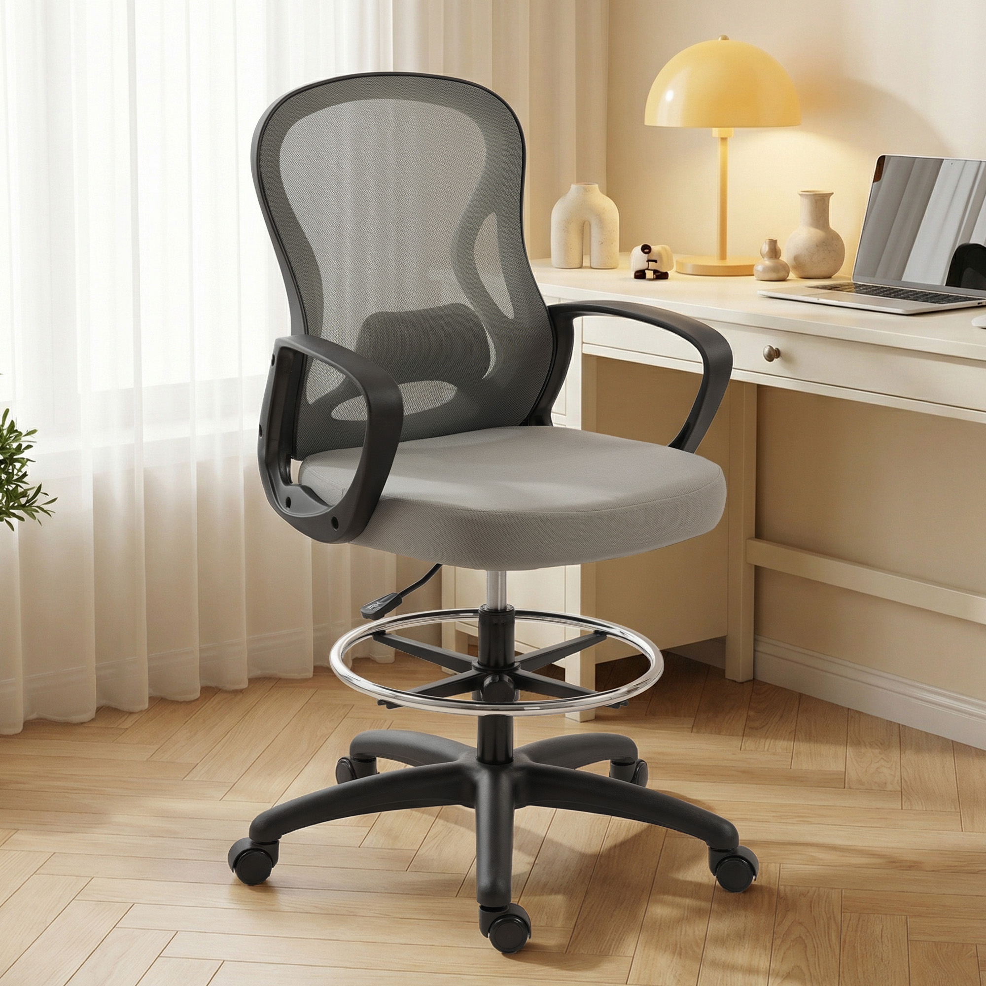 Vinsetto ergonomischer Bürostuhl, Bürostuhl mit Fußstütze und Armlehnen, Mesh-Zeichenstuhl, höhenverstellbar, Lendenstütze, 360° drehbar, für Studio, grau Aosom – Bild 2 von 2