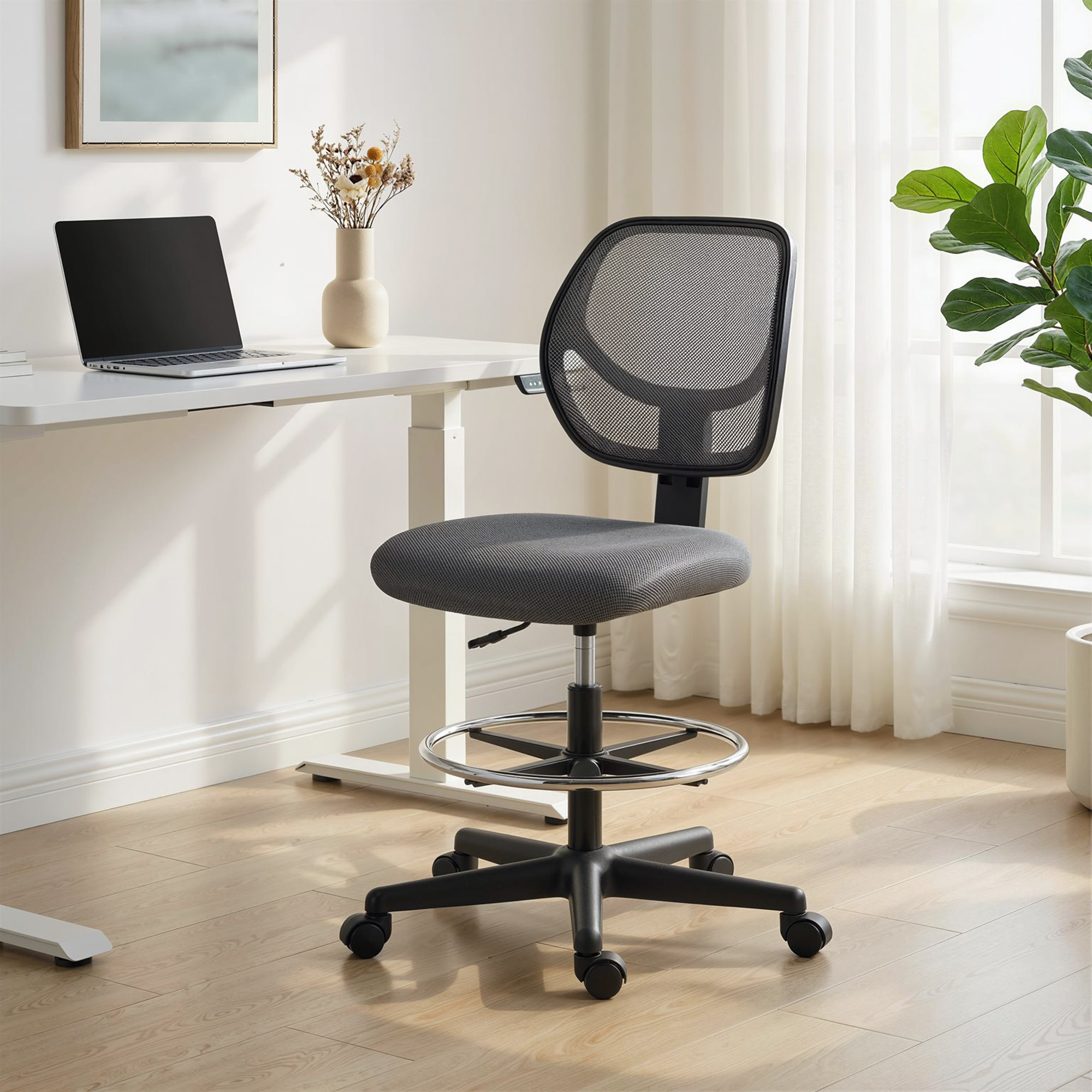 Vinsetto ergonomischer Bürostuhl, Bürosessel mit Fußring, Mesh-Zeichenstuhl, höhenverstellbar, geschwungener Rücken, 360° drehbar, für Homeoffice und Studio, du – Bild 2 von 2