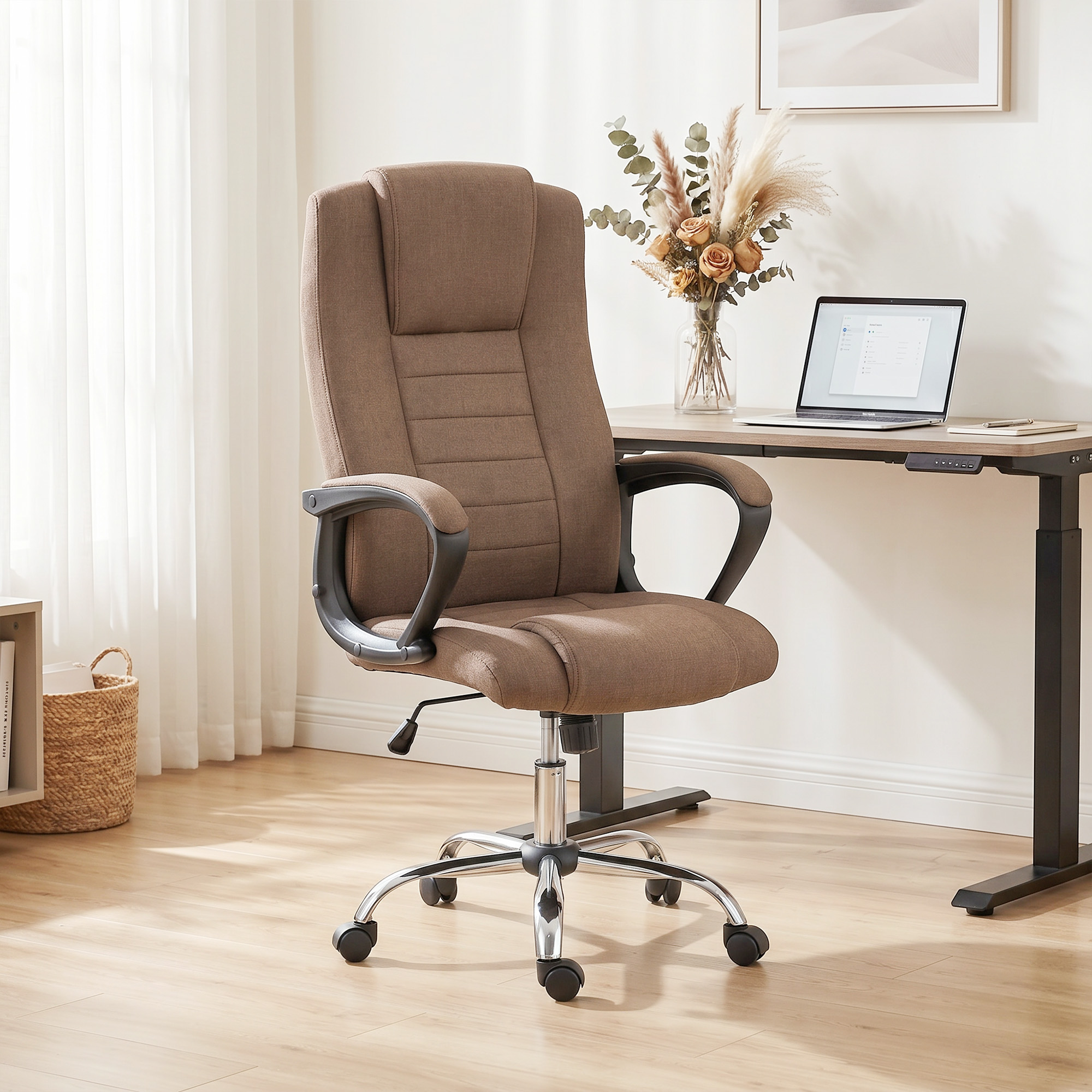 Vinsetto Ergonomischer Bürostuhl mit breiter Sitzfläche, drehbarer Schreibtischstuhl aus Leinenoptikstoff mit Kopfstütze, Schaukel-Funktion, gepolsterte Armlehn – Bild 2 von 2