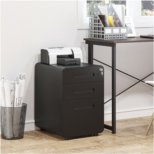 Vinsetto Rollcontainer 3 Schubladen Aktenschrank abschließbar, Hängeregistratur Stiftfach, (Büroschrank, 1 St., Aktenschrank), Stahl, Schwarz, 39 x 48 x 59 cm