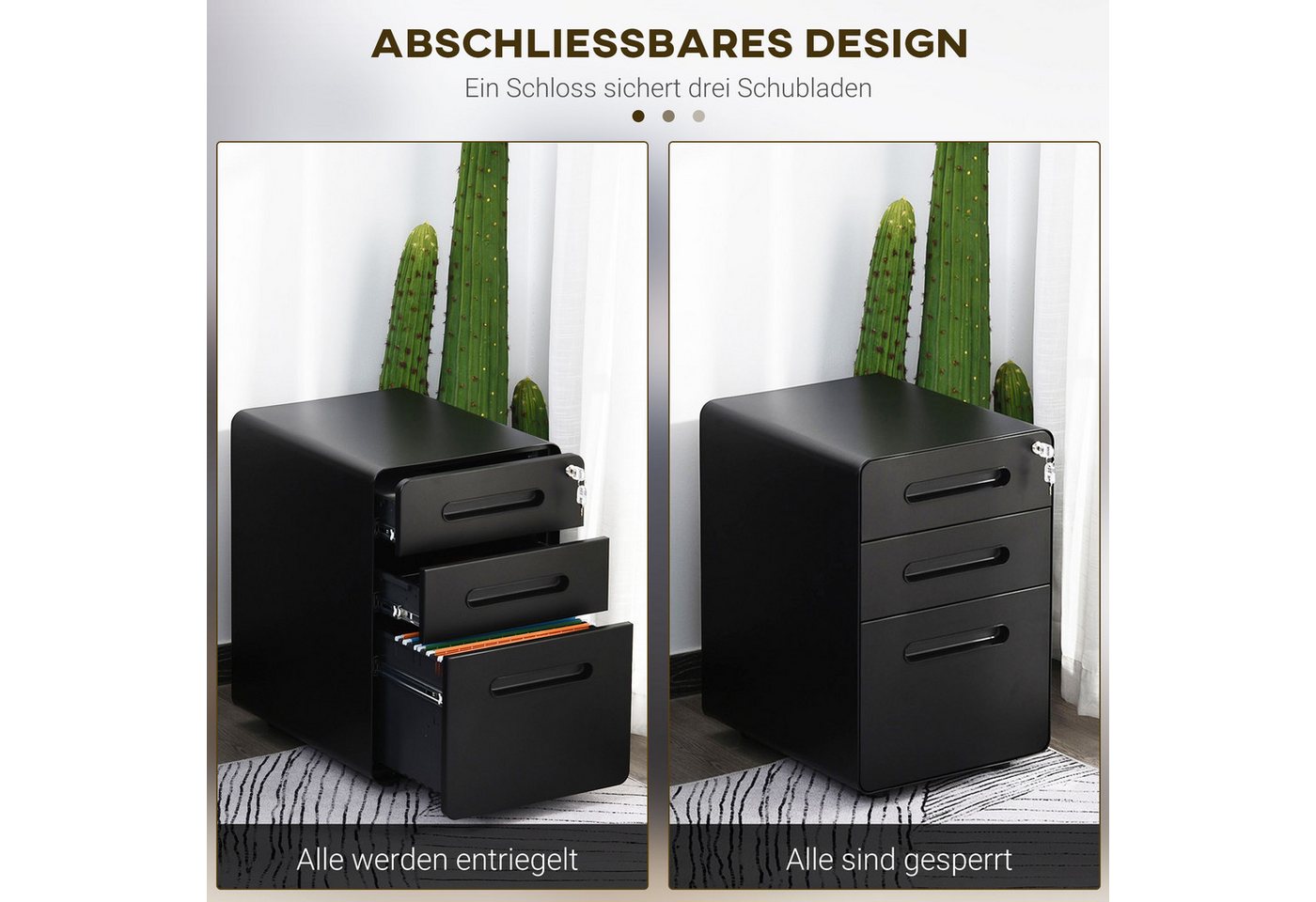 Vinsetto Rollcontainer 3 Schubladen Aktenschrank abschließbar, Hängeregistratur Stiftfach, (Büroschrank, 1 St., Aktenschrank), Stahl, Schwarz, 39 x 48 x 59 cm – Bild 4 von 5