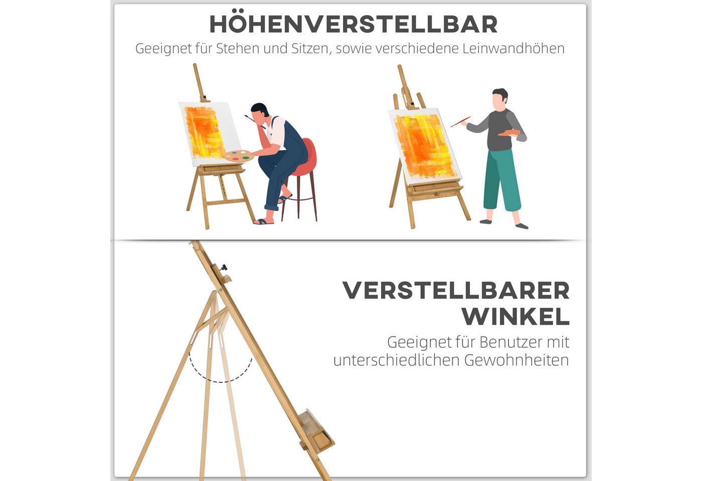 Vinsetto Staffelei Standstaffelei, klappbare Atelierstaffelei, höhenverstellbar, für Erwachsene, Anfänger, Künstler, Naturholz – Bild 4 von 5