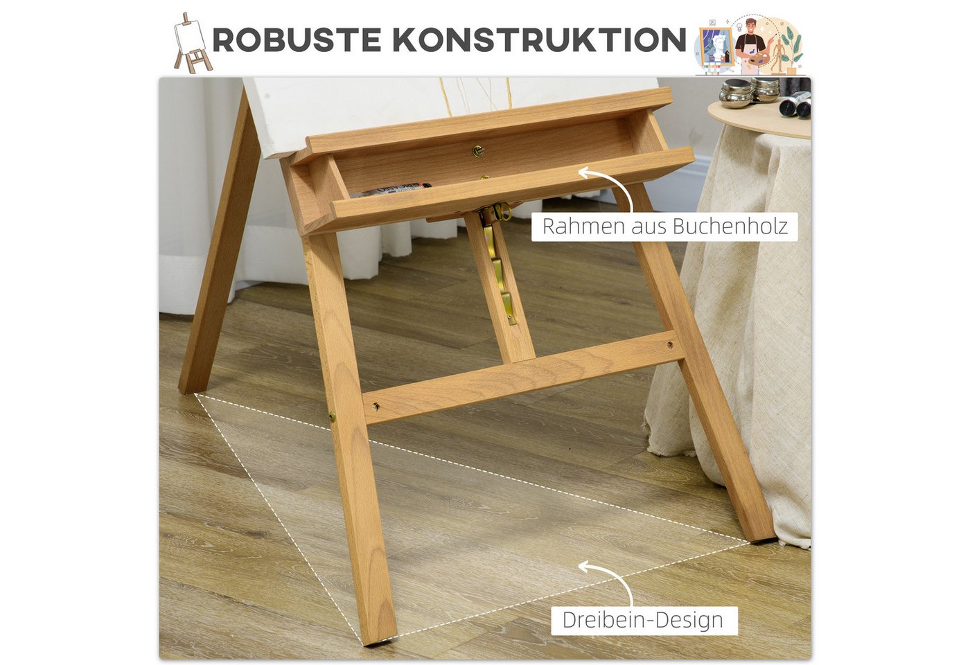 Vinsetto Staffelei Standstaffelei, klappbare Atelierstaffelei, höhenverstellbar, für Erwachsene, Anfänger, Künstler, Naturholz – Bild 5 von 5