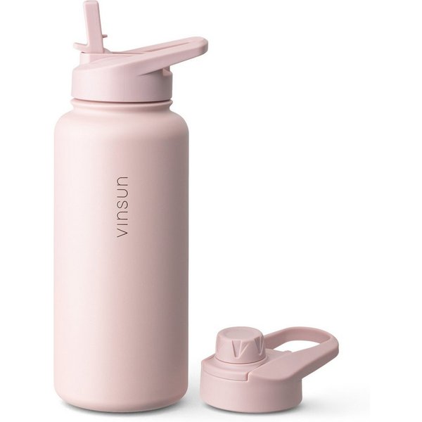 Vinsun Isolierflasche Edelstahl Trinkflasche 1L Strohhalm - 2 Deckel Thermoflasche BPA frei, Doppelwandig isoliert, auslaufsicher, bruchsicher, Geruchsneutral