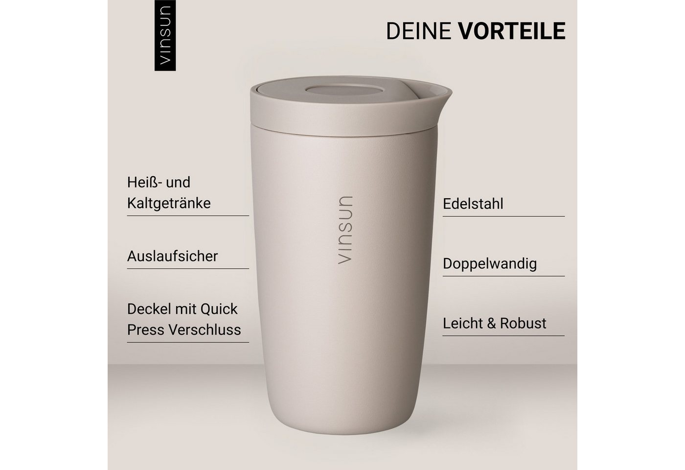 Vinsun Thermobecher Edelstahl Isolierbecher 350ml - Kaffeebecher to Go auslaufsicher, 2-tlg., Edelstahl, Doppelwandig, BPA frei, bruchfest, Einhandbedienung per – Bild 2 von 5