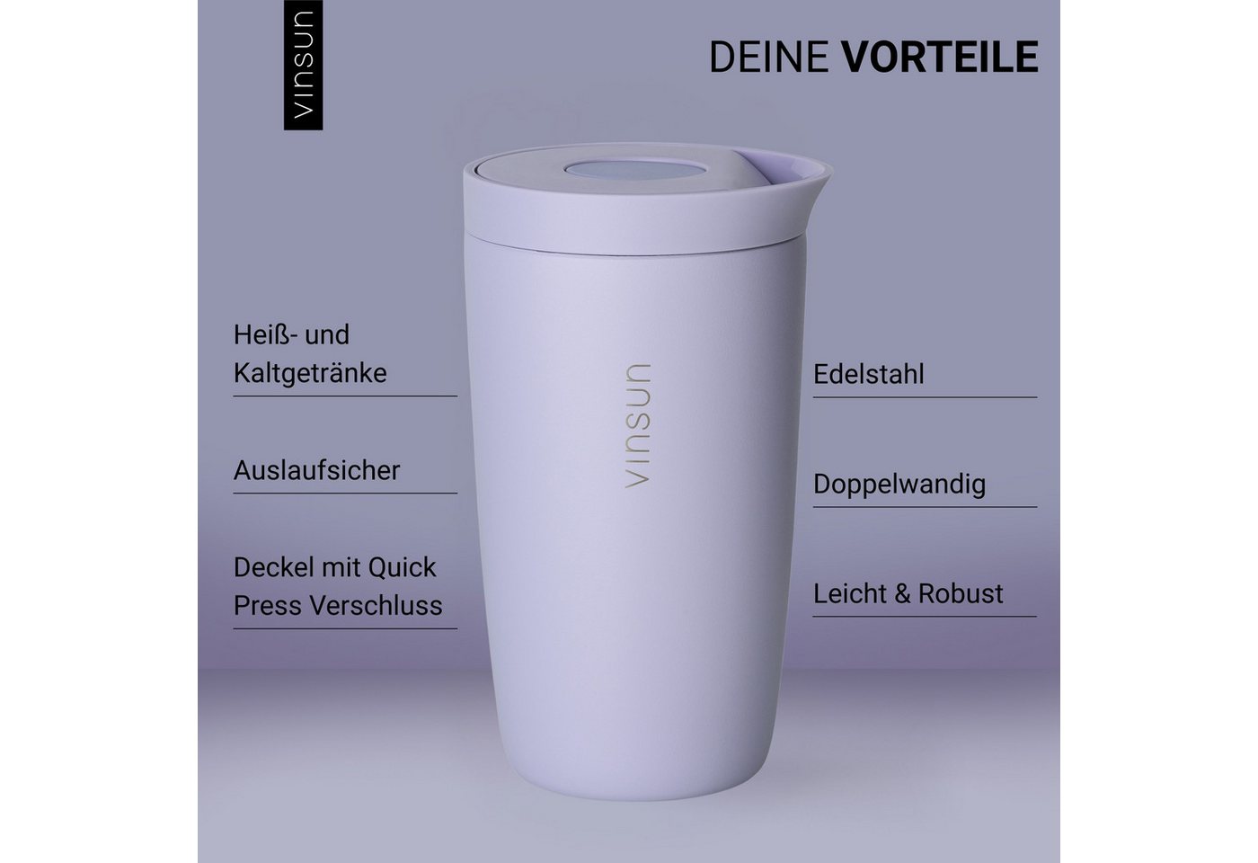 Vinsun Thermobecher Edelstahl Isolierbecher 350ml - Kaffeebecher to Go auslaufsicher, 2-tlg., Edelstahl, Doppelwandig, BPA frei, bruchfest, Einhandbedienung per – Bild 2 von 5