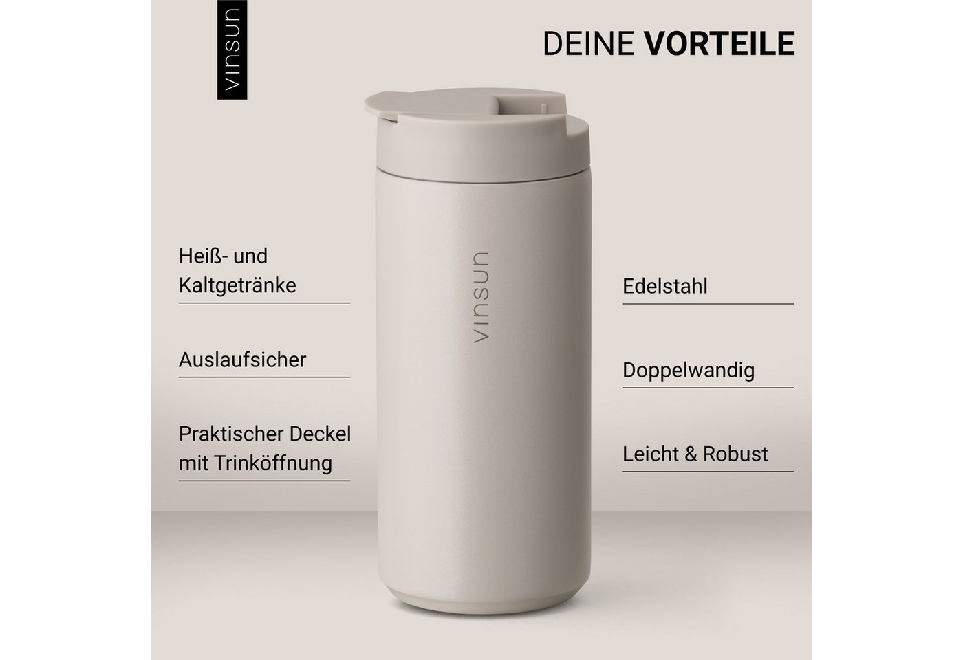 Vinsun Thermobecher Edelstahl Isolierbecher 350ml - Kaffeebecher doppelwandig isoliert, 2-tlg., Edelstahl, BPA frei, auslaufsicher, bruchfest, Kalt- und Heißget – Bild 2 von 5