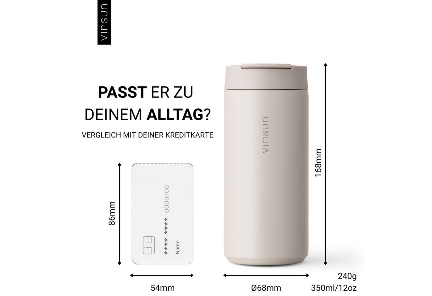 Vinsun Thermobecher Edelstahl Isolierbecher 350ml - Kaffeebecher doppelwandig isoliert, 2-tlg., Edelstahl, BPA frei, auslaufsicher, bruchfest, Kalt- und Heißget – Bild 3 von 5