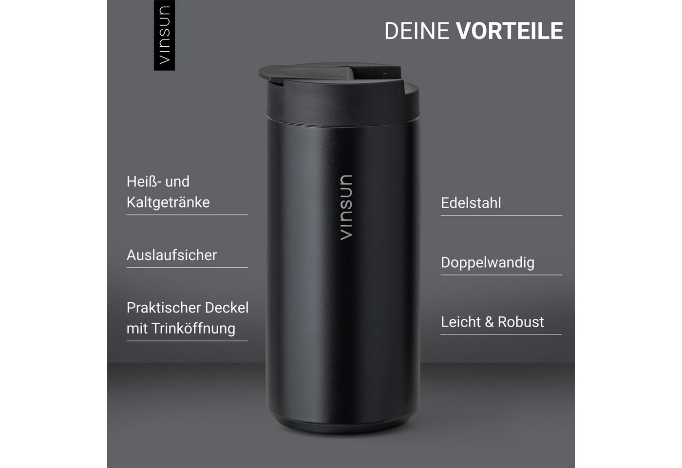Vinsun Thermobecher Edelstahl Isolierbecher 350ml - Kaffeebecher doppelwandig isoliert, 2-tlg., Edelstahl, BPA frei, auslaufsicher, bruchfest, Kalt- und Heißget – Bild 4 von 5