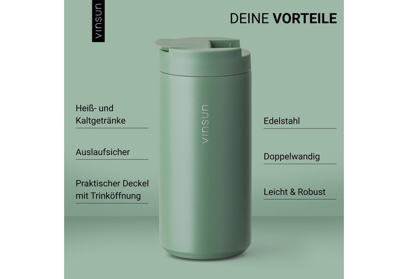 Vinsun Thermobecher Edelstahl Isolierbecher 350ml - Kaffeebecher doppelwandig isoliert, 2-tlg., Edelstahl, BPA frei, auslaufsicher, bruchfest, Kalt- und Heißget – Bild 2 von 5