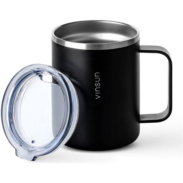 Vinsun Thermobecher Edelstahl Isolierbecher 350ml - Kaffeebecher mit Henkel und Deckel, 2-tlg., Edelstahl, Doppelwandig isoliert, BPA frei, bruchfest, Kalt- und