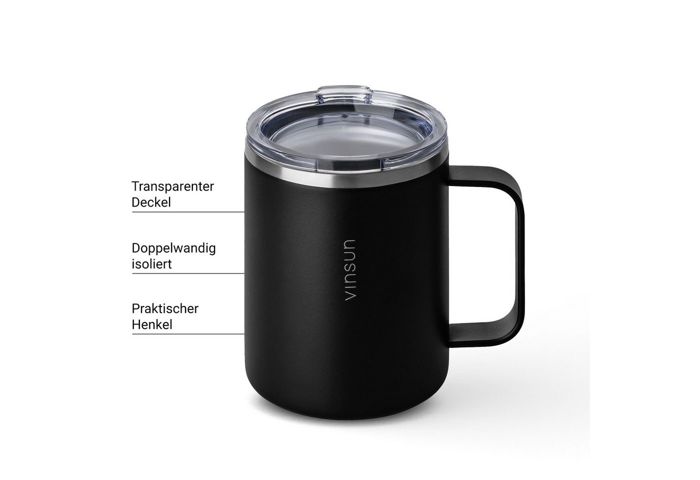 Vinsun Thermobecher Edelstahl Isolierbecher 350ml - Kaffeebecher mit Henkel und Deckel, 2-tlg., Edelstahl, Doppelwandig isoliert, BPA frei, bruchfest, Kalt- und – Bild 2 von 5