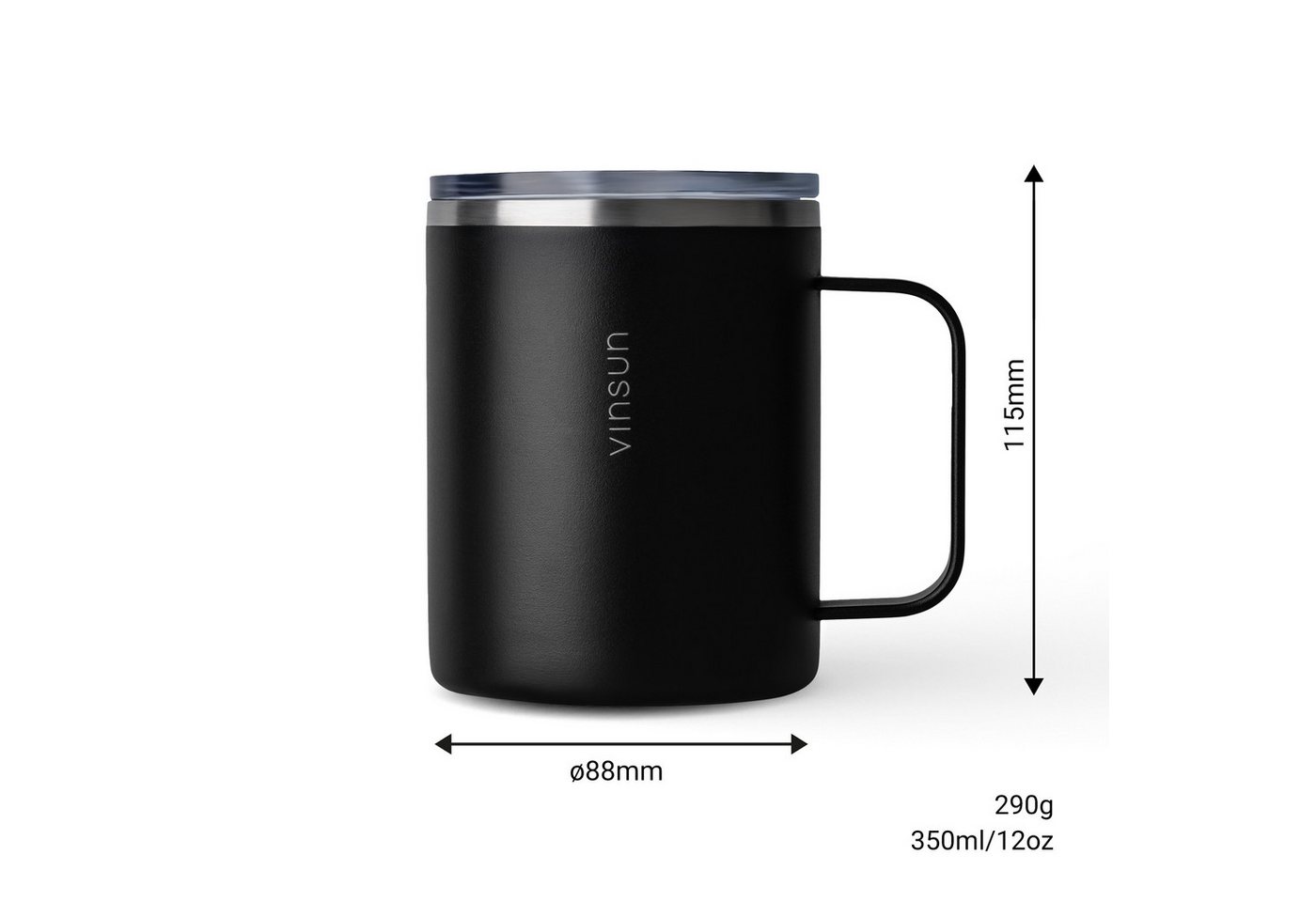 Vinsun Thermobecher Edelstahl Isolierbecher 350ml - Kaffeebecher mit Henkel und Deckel, 2-tlg., Edelstahl, Doppelwandig isoliert, BPA frei, bruchfest, Kalt- und – Bild 4 von 5