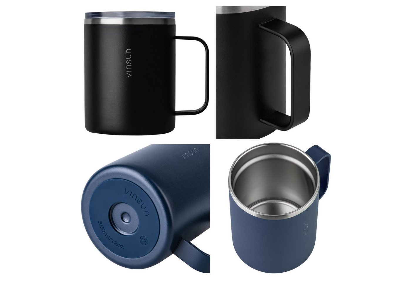 Vinsun Thermobecher Edelstahl Isolierbecher 350ml - Kaffeebecher mit Henkel und Deckel, 2-tlg., Edelstahl, Doppelwandig isoliert, BPA frei, bruchfest, Kalt- und – Bild 5 von 5