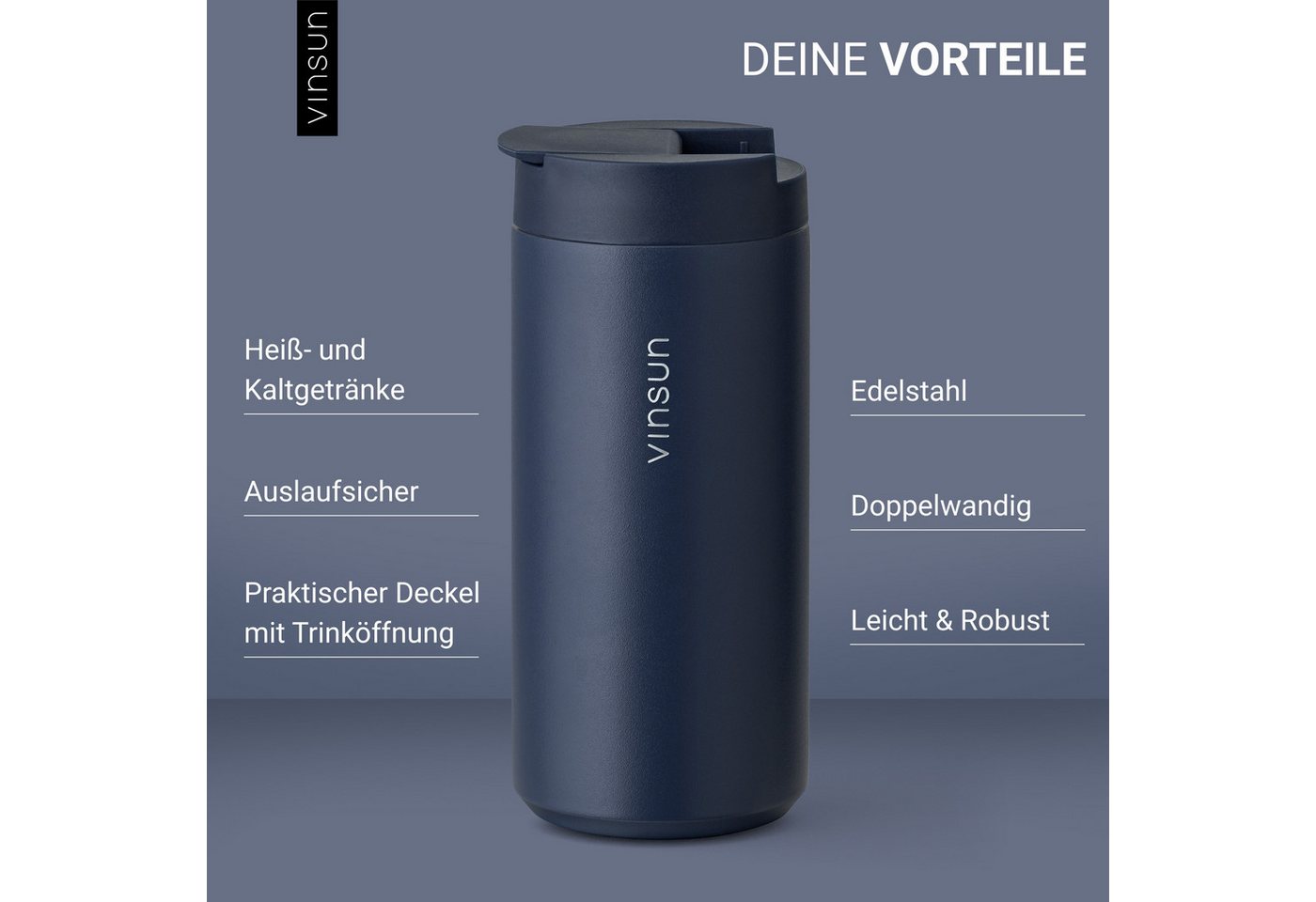 Vinsun Thermobecher Edelstahl Isolierbecher 350ml - Kaffeebecher doppelwandig isoliert, 2-tlg., Edelstahl, BPA frei, auslaufsicher, bruchfest, Kalt- und Heißget – Bild 2 von 5