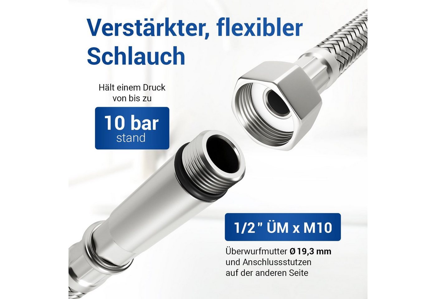 VIOKS Flexschlauch Panzerschlauch, 30 bis 300 cm mit 1/2 Zoll Überwurf und M10 Außengewinde für Sanitär – Bild 4 von 5