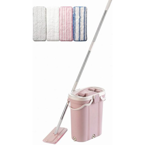 Vip Ahmet Wischmopp Wischmopp Set – Bodenwischer, 4xPad, (7-teilig (1 Eimer, 1 Edelstahlstiel, 1 Mopkopf, 4 Mikrofaserpads), Mop-Reinigungsset mit 3-Kammer-Syst