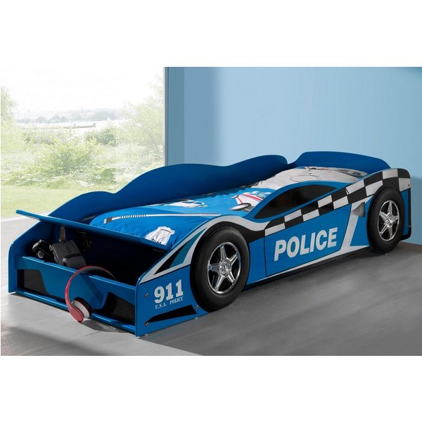 Vipack Autobett Police, inkl. Stauraum vorne, mit Lattenrost, MDF lackiert (B/H/T ca. 175x48x78cm, seitliche Räder sind geststehend), ein Highlight im Kinderzim