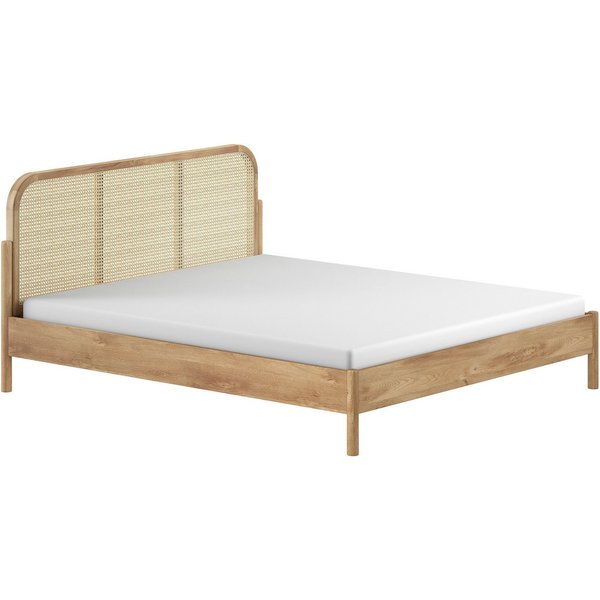 Vipack Bettgestell Olive, Bettpfosten Eiche massiv und furnierten Bettseiten (mit hochwertigem Rattan-Geflecht Kopfteil, Rahmen Eiche massiv), ohne Lattenrost, 